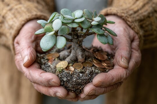 Warm hands cradle a small jade plant