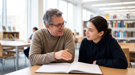 Fototapeta premium Professor and Female Student Discussing in University Library