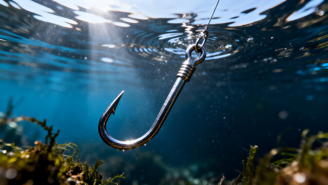 limnetic. Close-up of a metallic fish hook submerged in clear blue water. wildlife magazines, conservation campaigns, designed for eco-tourism storytelling, celebrates biodiversity.