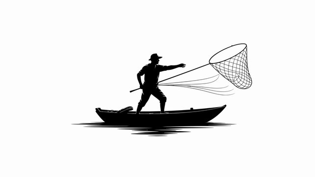 Fisherman silhouette, fishing boat, net casting, black icon, vector illustration