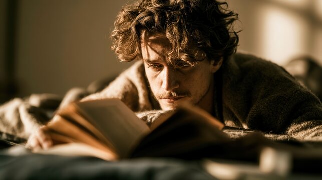 Man reads book while lying in bed