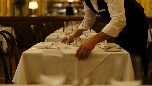 restaurateur. A restaurateur checking a set table in an empty dining room. pitch deck slides, case study pages, designed for corporate presentation decks and stakeholder reports.
