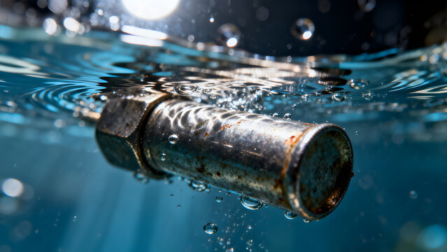 limnetic. Close-up of a metallic fish hook submerged in clear blue water. wildlife magazines, conservation campaigns, designed for eco-tourism storytelling, celebrates biodiversity.
