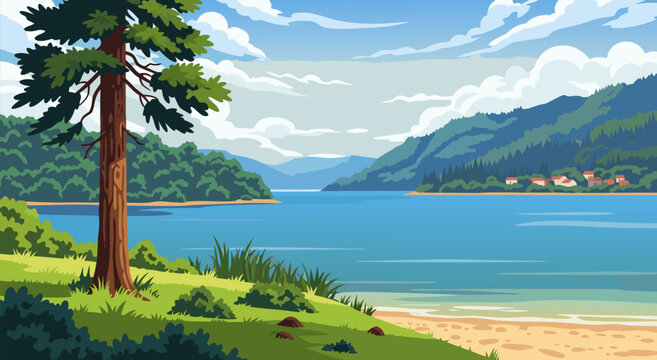 This vector illustration depicts a tranquil mountain lake landscape, featuring a prominent pine tree, green shores, and calm blue water with distant mountains