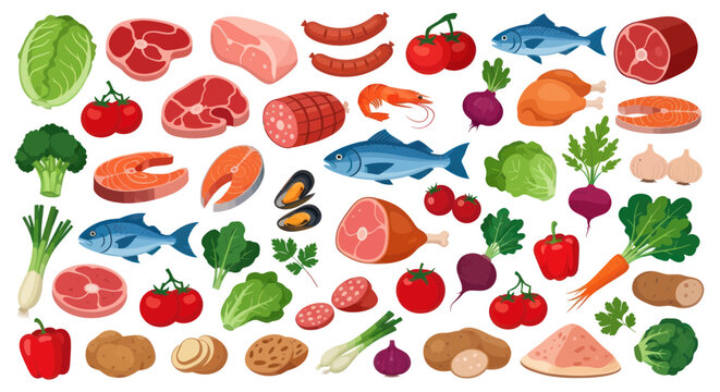 Assorted Fresh Food Ingredients: Meats, Fish, Vegetables, and Fruits Collection