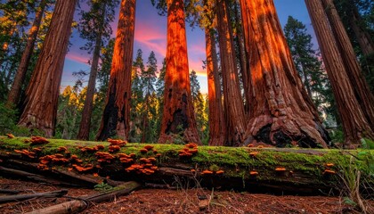 Fototapeta premium Majestic Giant Sequoia Forest at Sunset with Dramatic Sky.