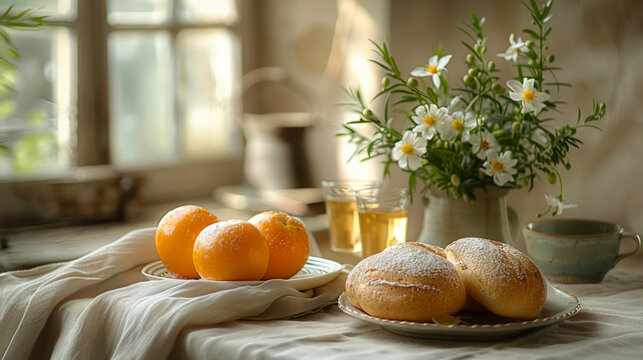 Traditional French breakfast on a linen tablecloth, a blurred Provencal background. Rustic still life with croissant, baguette, pastry, chamomile, flower, orange