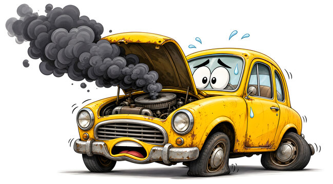 Yellow cartoon car with smoking engine and flat tires