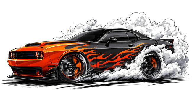 Muscle car performing burnout with thick white smoke clouds