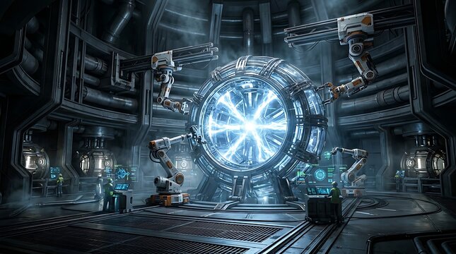 Futuristic Energy Core: A high-tech, futuristic energy core pulses with brilliant blue light, encased in an industrial setting with robotic arms and advanced machinery.