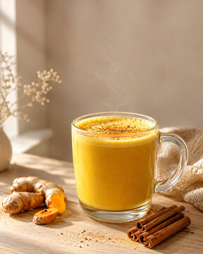 Golden turmeric latte haldi doodh in clear glass mug with fresh turmeric root and cinnamon, warm morning lifestyle wellness drink photography