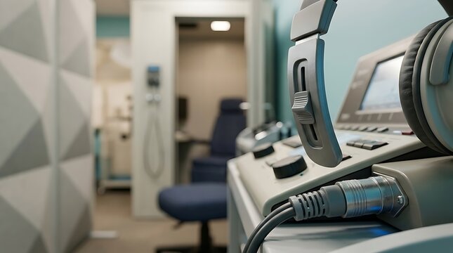 Audiology examination equipment in modern hearing clinic with soundproof booth and professional setup