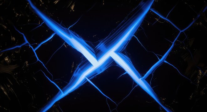 Close-up view of cracked black obsidian rock surface with vibrant electric blue neon light glowing through the deep jagged fissures and gaps, pattern, stone, fissure