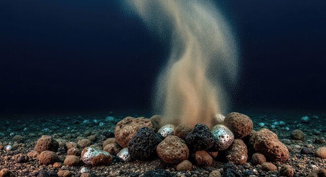 Conceptual view of mineral nodules on the dark seabed with a swirling sediment plume representing industrial extraction and ecological impact, oceanography, sustainability, seabed