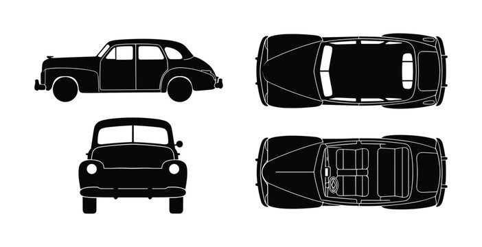 1940s 1950s Compact Classic Sedan Silhouette Set &mdash; Retro Vintage Automobile Black Icons Multiple Views Isolated on White