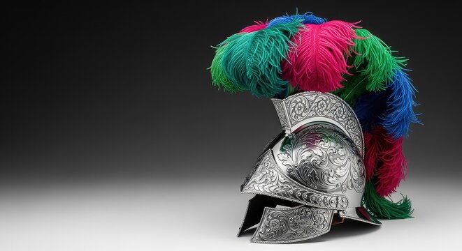 Detailed close up of an engraved steel morion helmet with vibrant tall plumes representing the protective gear of a historical condottiero, brass, profile, silver