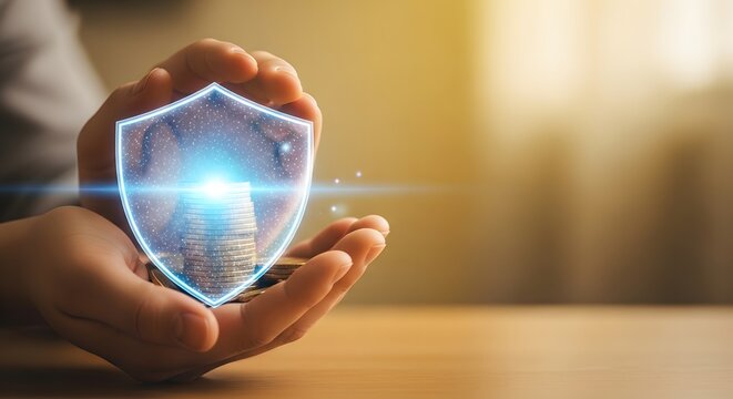 A pair of hands protecting a stack of gold coins with a glowing digital shield overlay concept.