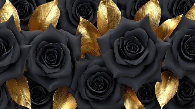Seamless pattern features deeply saturated charcoal roses interspersed with gleaming metallic gold foliage