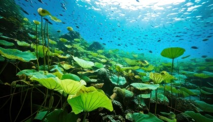Fototapeta premium Underwater View of Lush Green Lotus Plants with Sunlight Rays.