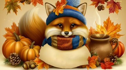Fototapeta premium Whimsical Fox in Autumn Hat Surrounded by Falling Maple Leaves and Pumpkins with Warm Beverage