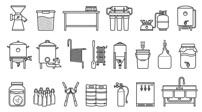 Brewing Equipment Collection: A comprehensive line-art illustration featuring a variety of tools and apparatus essential for homebrewing or commercial beverage production, including fermenters, kegs.