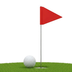 Obraz premium Golf ball next to red flag on green grass