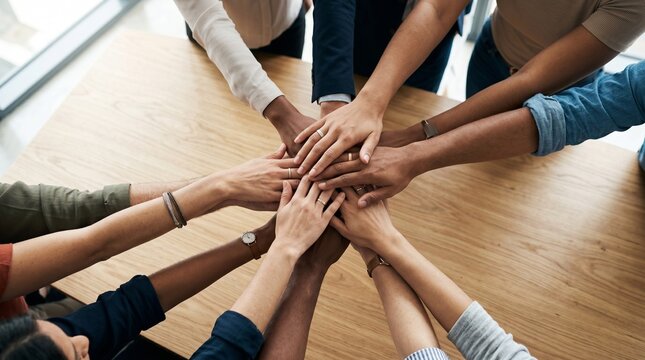 Diverse Team Hands Stacked Together Symbolizing Unity and Collaboration