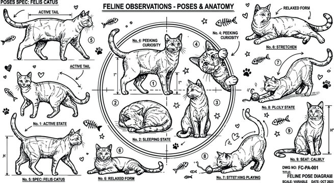 Feline anatomy and poses diagram, collection of handdrawn cat sketches showing various behaviors
