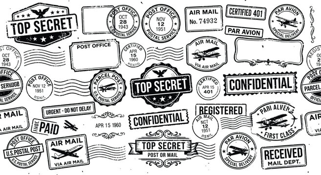 Set of vintage post office stamps, air mail, top secret and confidential markings