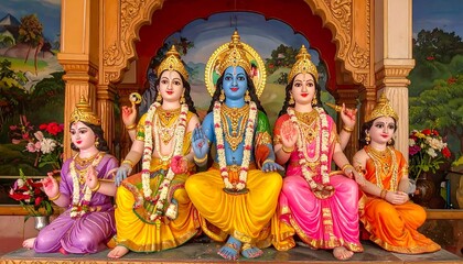 Fototapeta premium Hindu deities in traditional temple setting with devotees.