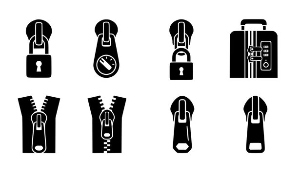 Black Zipper Lock Icon Set Vector Collection Isolated on White Background