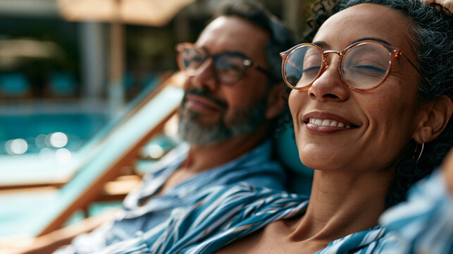 A Hispanic couple unwinds softly poolside without phones with bright sun loungers in natural daylight poolside relax open faces sunny pool natural light candid moment couple