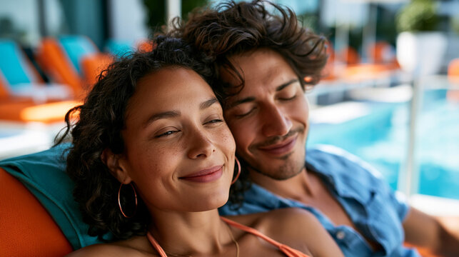 A Hispanic couple unwinds softly poolside without phones with bright sun loungers in natural daylight poolside relax open faces sunny pool natural light candid moment couple