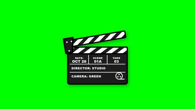 Black film clapperboard with generic production details open on a vibrant green screen background for video