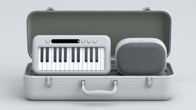 Mini keyboard and speaker in suitcase, sleek gray case with foam interior, compact midi controller beside smart speaker, minimalist travel studio for remote producer, soft diffused lighting, clean