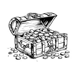 Open Treasure Chest Overflowing with Gold Coins, Hand-Drawn Illustration © Rahman ullah 