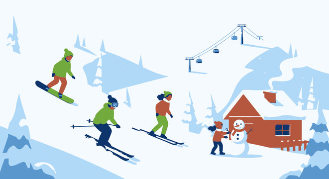 People skiing and snowboarding at a snowy mountain winter resort
