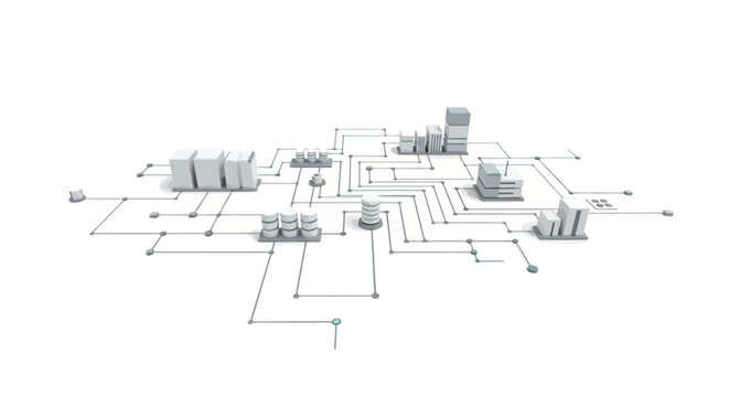 A complex network diagram with interconnected lines and buildings.
