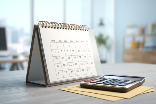 Payroll calendar with calculator and sealed envelope on office desk