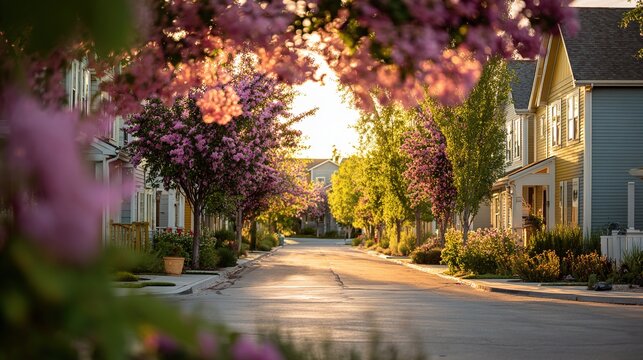 suburb. A charming residential street with flowering trees and pastel-colored houses under golden sunlight. travel magazines, destination branding, designed for outdoor magazines and nature guides.
