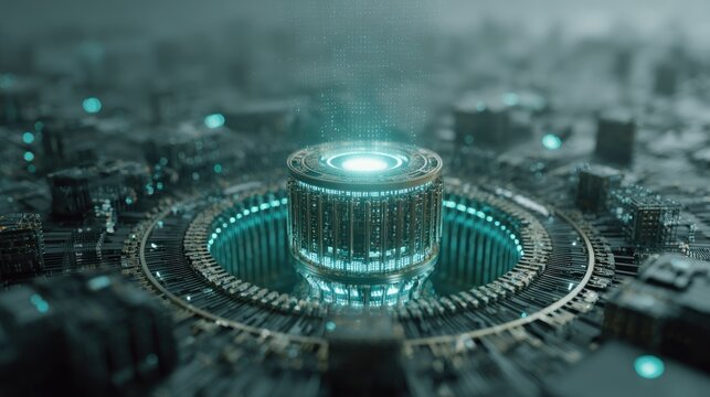 Advanced technological core emits glowing energy upward in a complex mechanical structure