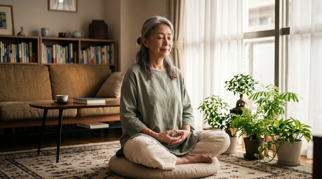 Asian senior woman meditating peacefully on cushion in cozy living room, surrounded by green houseplants, natural light, calm atmosphere, wellness and mindfulness