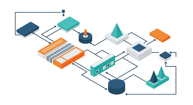 A complex flowchart with various colorful shapes and lines.