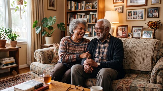Happy Black senior couple sitting on cozy sofa in living room, laughing together, surrounded by family photos, books, and plants, showing warmth and emotional support