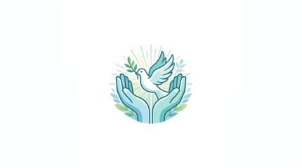Obraz premium Dove of Peace Held in Caring Hands with Olive Branch and Rays of Light