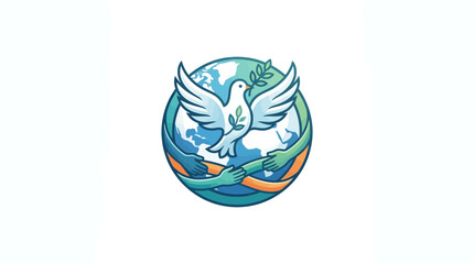 Obraz premium Dove of Peace Holding Olive Branch Over Earth with Interlocking Hands Symbolizing Unity
