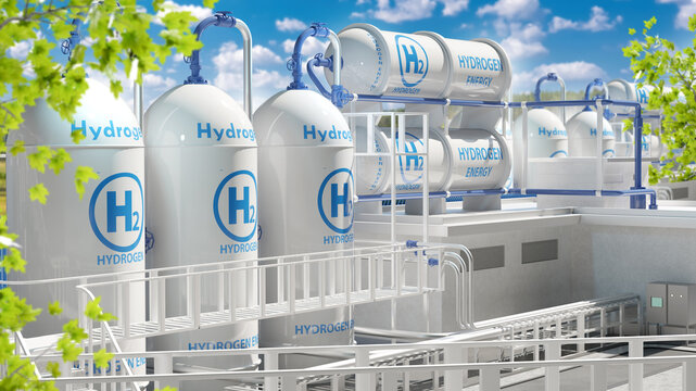 Hydrogen energy, clean fuel production. Industrial tanks and pipelines store H2 for renewable power, green technology and sustainable energy infrastructure.