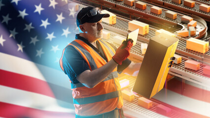 Parcel sorting, warehouse logistics. Worker scans a cardboard box with a handheld device near conveyor lines, checking shipment flow and order processing. © Grispb