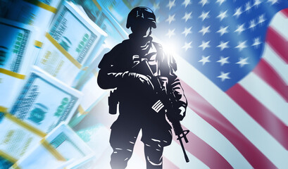 Military service, contract army. Armed soldier stands against the US flag and dollar background, symbolizing army contract service and defense funding. © Grispb