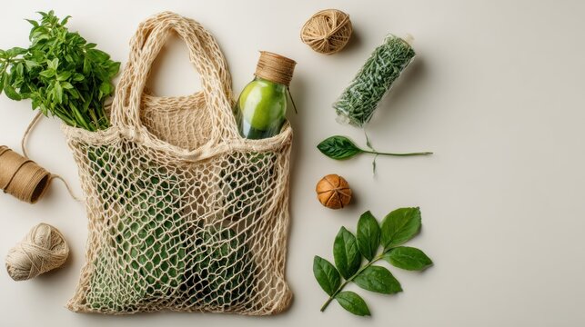 Reusable mesh shopping bag filled with fresh produce and natural packaging elements rests on a light surface.
